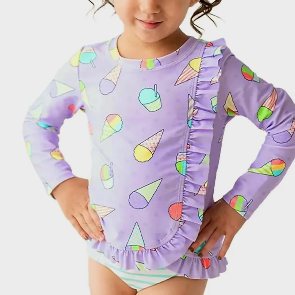 NWOT RuffleButts Girls' Sz10 Long Sleeve Rash Guard Swim Top Pastel Snow Cones